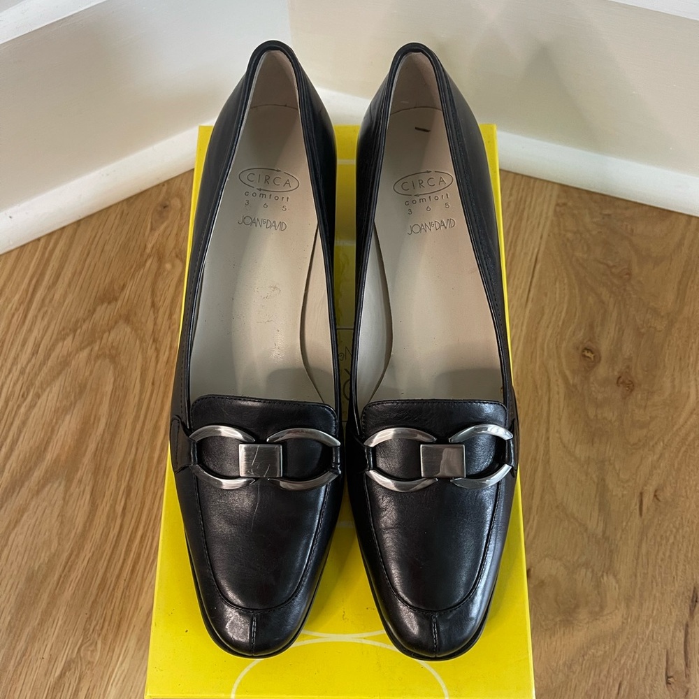 Joan & David Black Leather Loafers with Silver Accent, Size 6